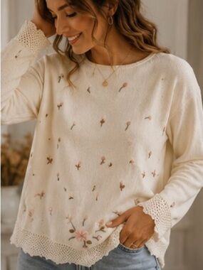 Liz Claiborne Vintage Boho Floral Embroidered Crochet-Trim Sweater Size XL